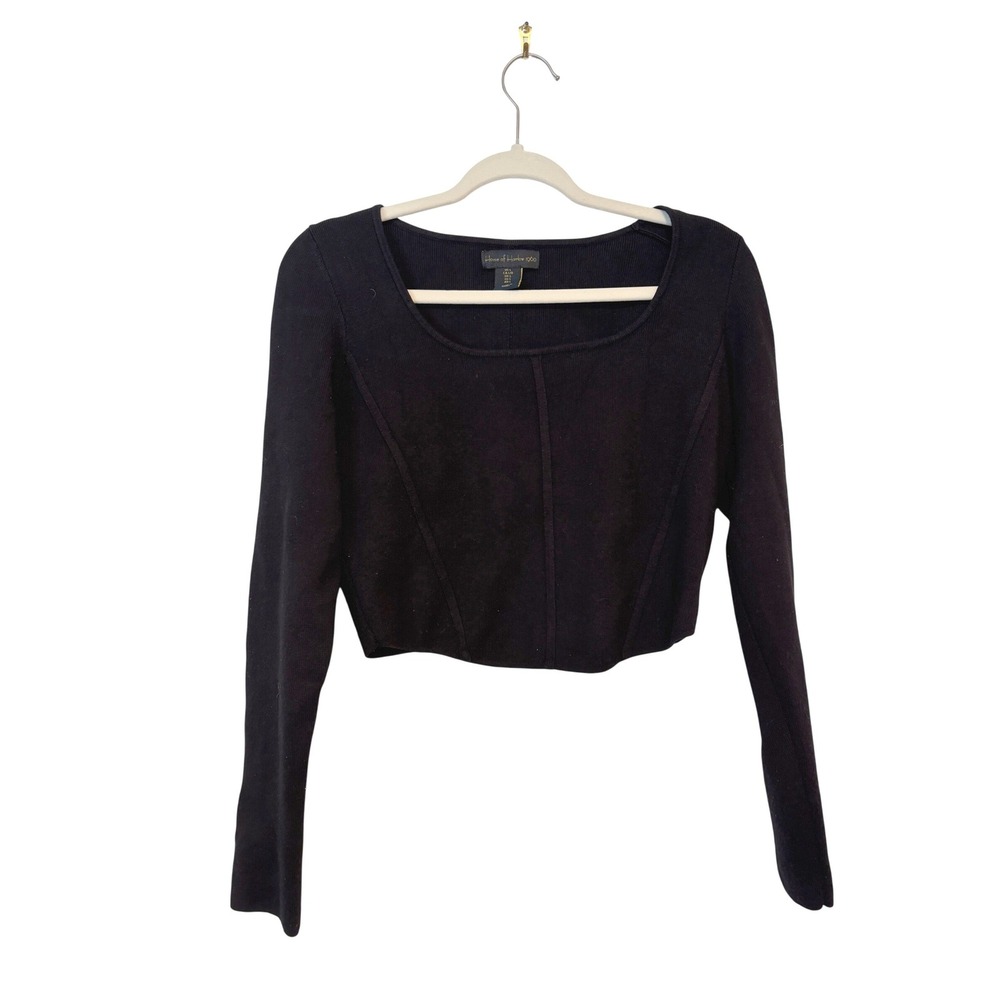 House of Harlow 1960 Black Ribbed Knit Corset Seam Crop Top Long Sleeve Large‎